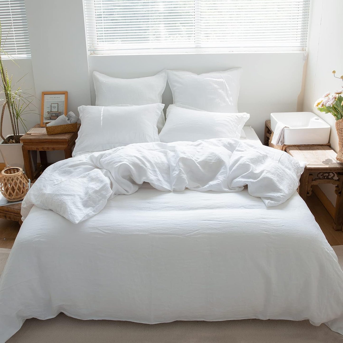 Simple&Opulence 100% Linen Duvet Cover Set 3pcs Basic Style Natural French Washed Flax Solid Color Soft Breathable Farmhouse Bedding with Button Closure - White, Queen