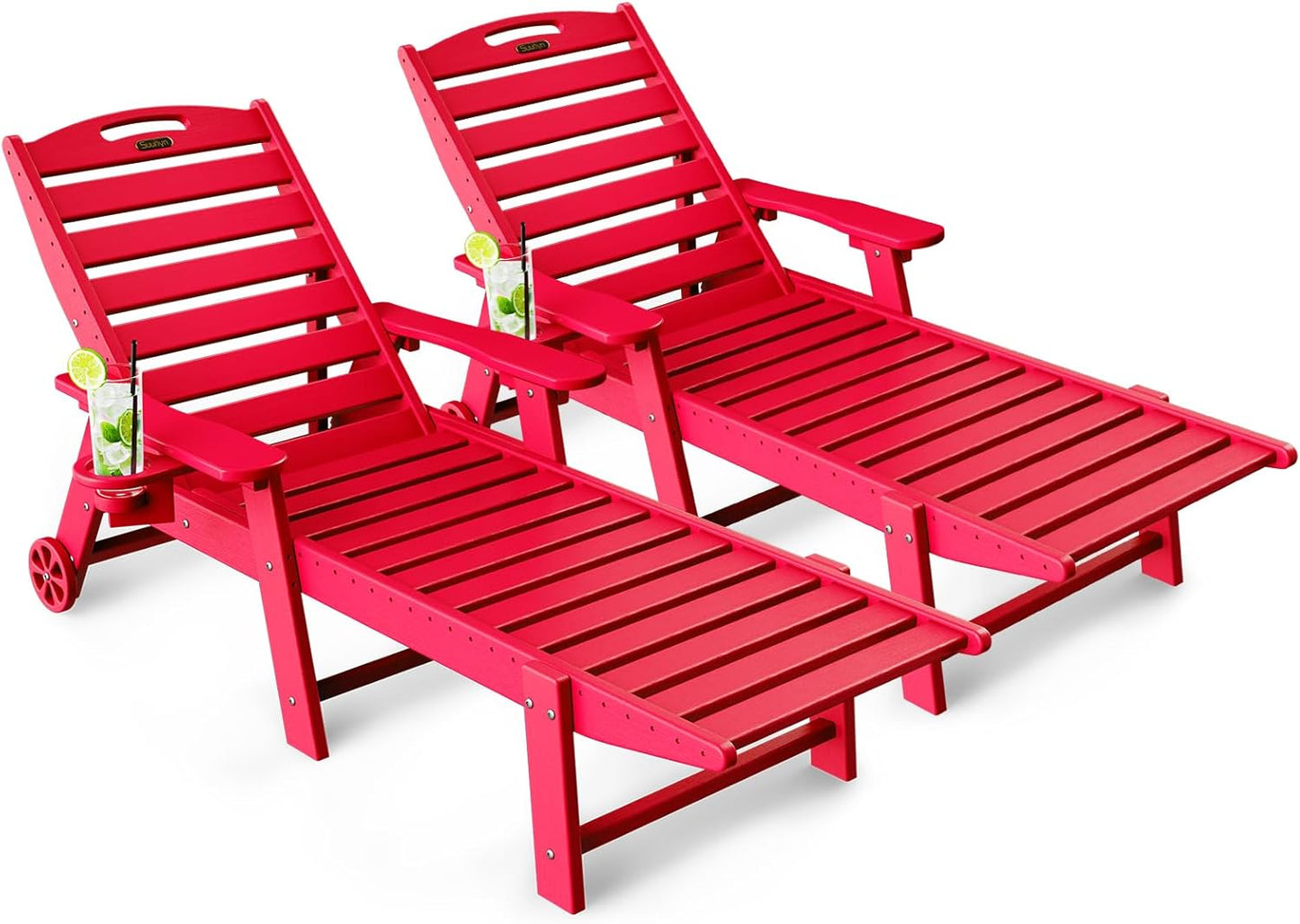Lounge Chair Outdoor, Chaise Lounge Chair Outdoor, HDPE 6-Position Lounge Chair for Outside, Patio Lounge Chair with Wheels & Cup Holder for Pool Poolside Deck Backyard, Grey