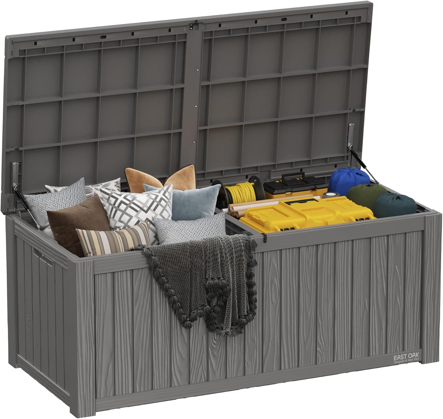 EAST OAK Outdoor Storage Box | 31 Gallon Deck Box Indoor and Outdoor Use | Waterproof Resin Storage Bin with Latch for Patio Cushions, Gardening Tools | UV Resistant | Deep Grey