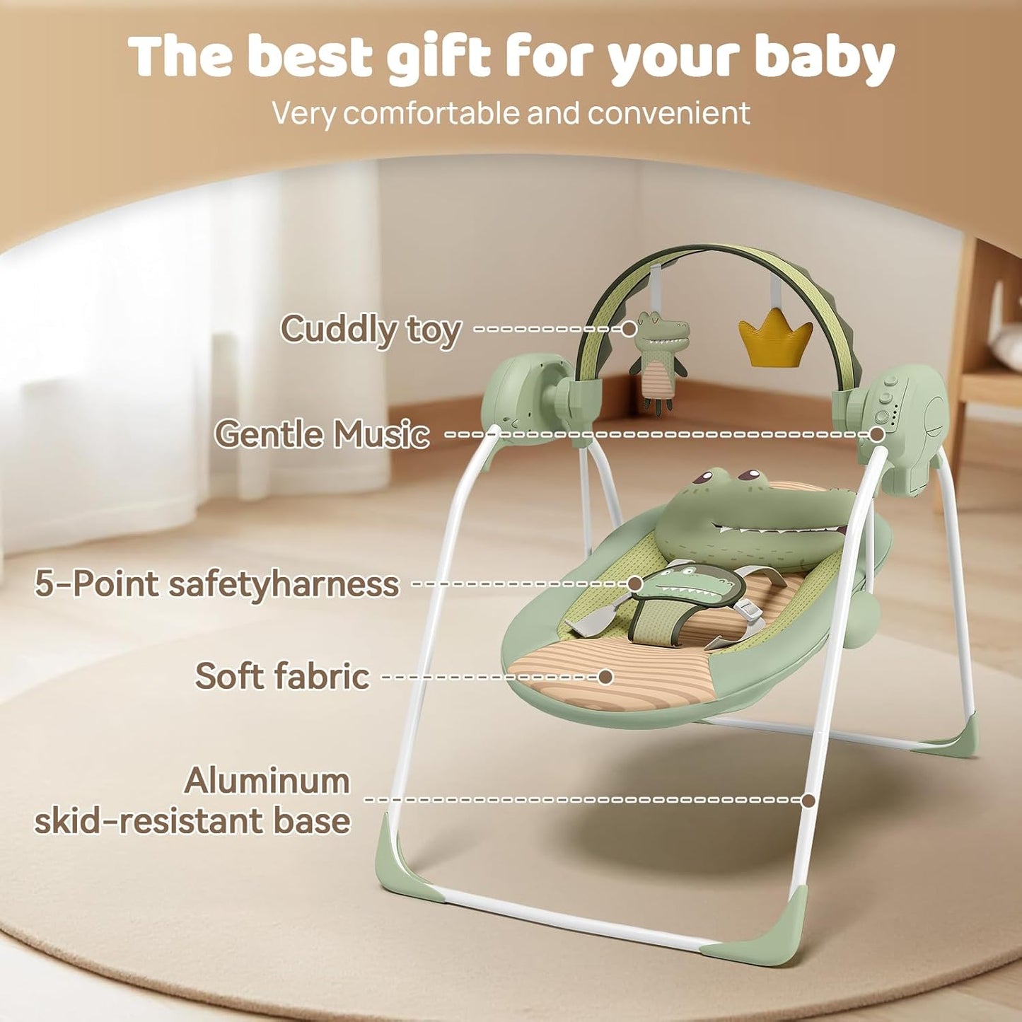 Baby Swings for Infants, Portable Baby Swing with Adaptable Speed, Music and Timer, Infant Swing for Babies 0-9 Months 6-20 lbs, Indoor/Outdoor Use