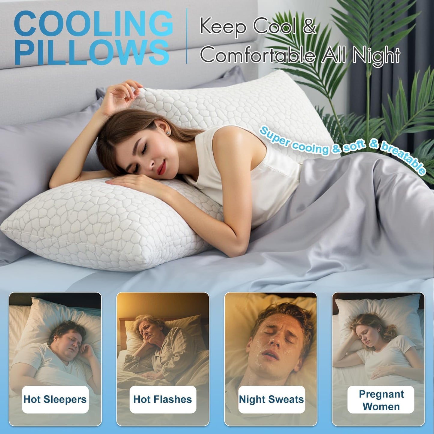 QUTOOL Cooling Pillows for Sleeping 2 Pack, Shredded Memory Foam Bed Pillows Queen Size Set of 2, Cool Gel Pillow for Hot Sleepers Adjustable Firm Pillow for Side, Back and Stomach Sleepers Supportive