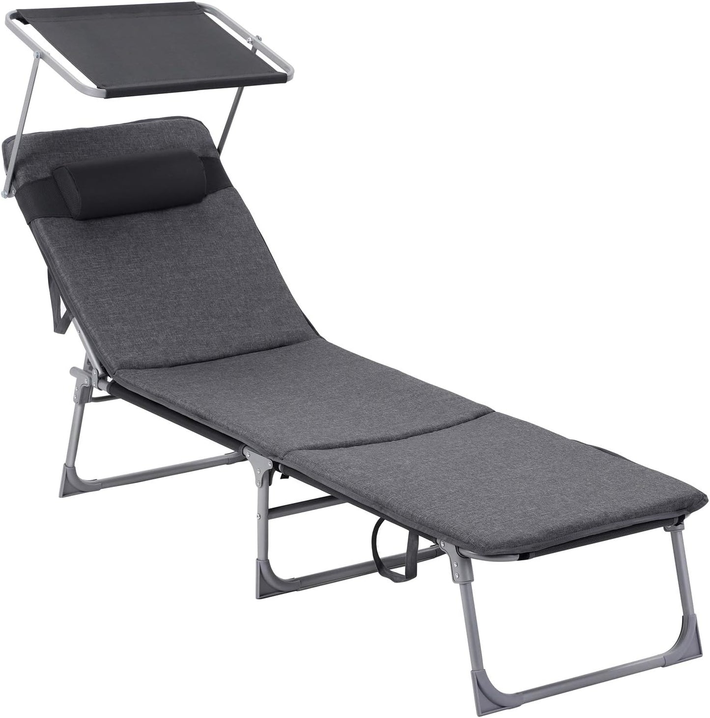 SONGMICS Sun Lounger, Patio Chaise Lounge Chair, Folding, with Canopy, 76 x 20.9 x 11.4 Inches, Holds 330 lb, Headrest, Adjustable Backrest, Outdoor Garden Pool, Dark Gray UGCB19UV1