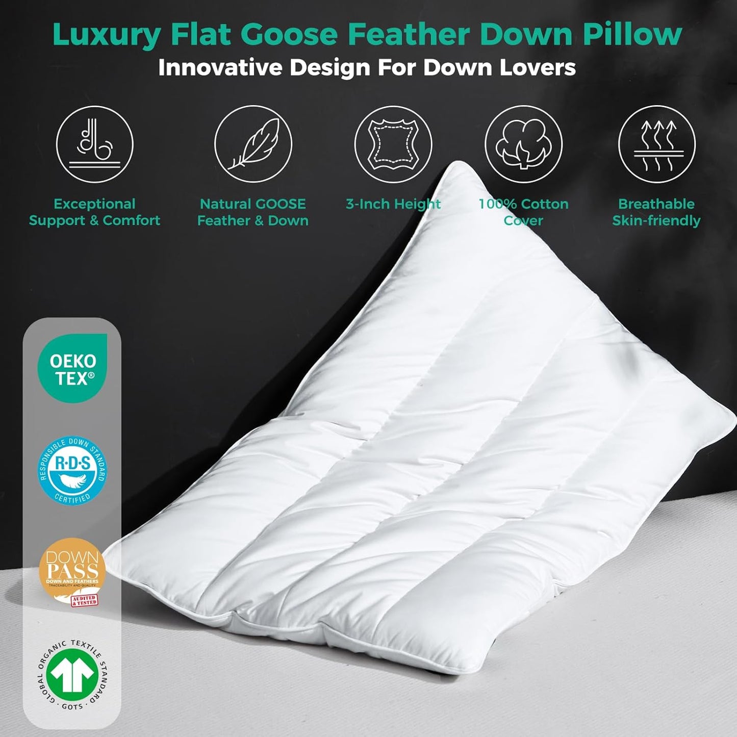 Three Geese Luxury Flat Thin Goose Feather Down Pillows Queen Size, 3 Inch Height, 100% Cotton Cover, Medium Firm, Hotel Collection Ultra Slim Thin Bed Pillows, Machine Washable, 18" x 30"