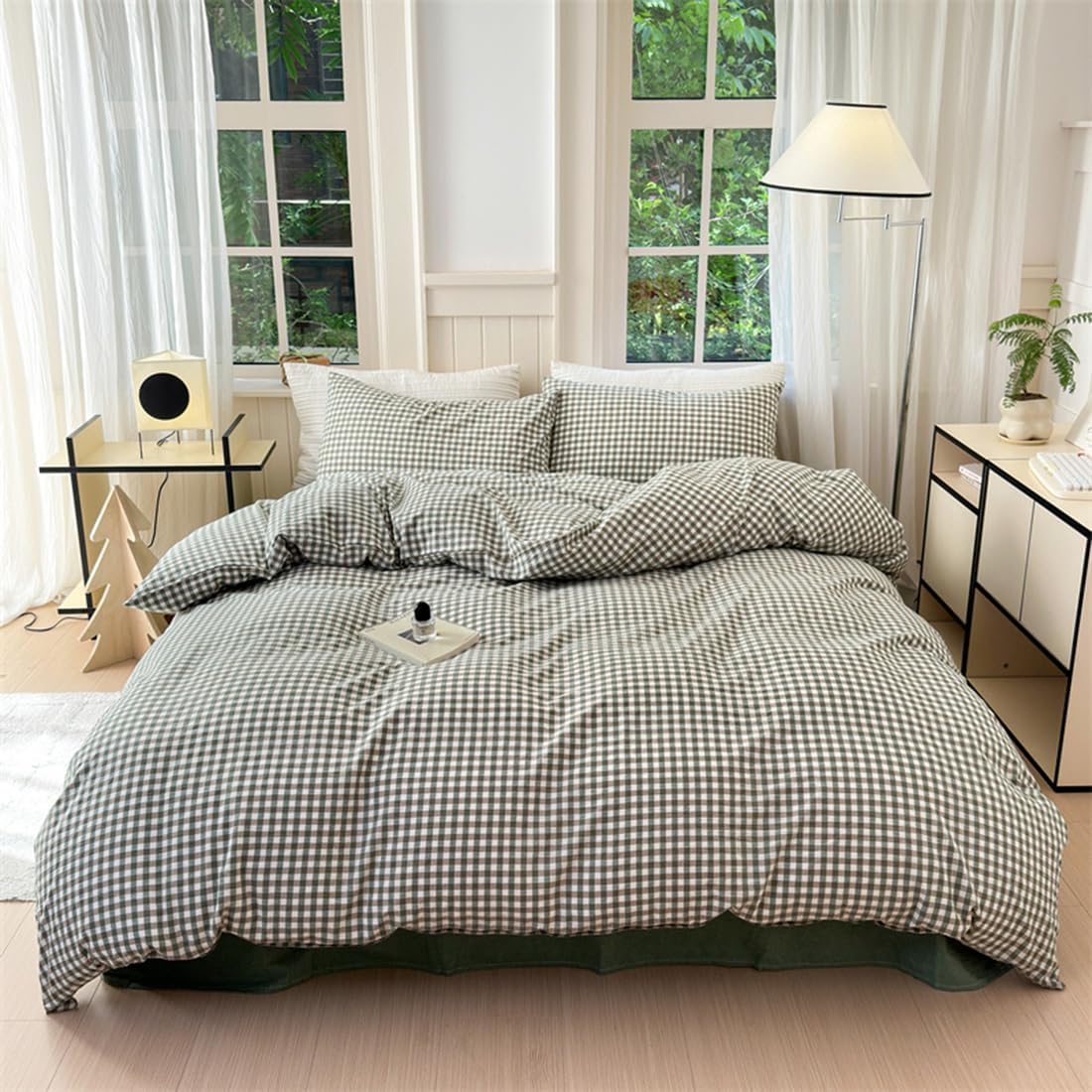 Mucalis Tan Gingham Duvet Cover King 100% Washed Cotton Beige Cream Checked Duvet Cover Set Modern Plaid 3 Piece Grid Bedding Set with Zipper Closure Corner Ties,Durable,Breathable,Easy Care