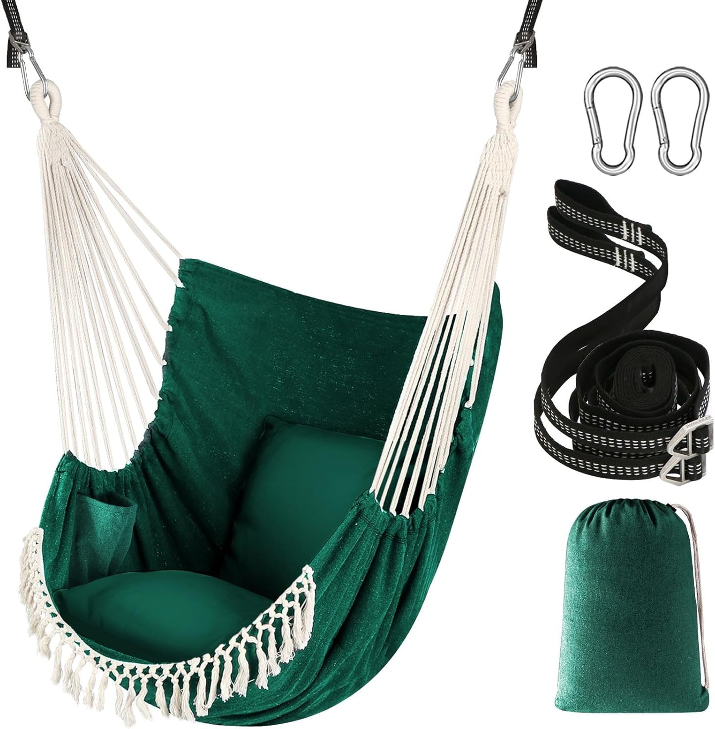 Chihee Hammock Chair Hanging Swing 2 Pillows Included,Strong Webbing Straps and Hooks for Easy Hanging Soft Cotton Hanging Chair Side Pocket Tassel Chair Comfort Indoor Outdoor Dark Grey