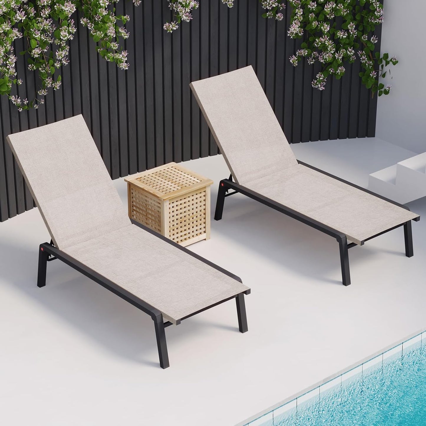 Patio Chaise Lounge Set of 2 with 4 Adjustable Backrest, Foldable Aluminum Chaise Lounge Chair Recliner for Outdoor, Poolside, Sun Tanning Beige