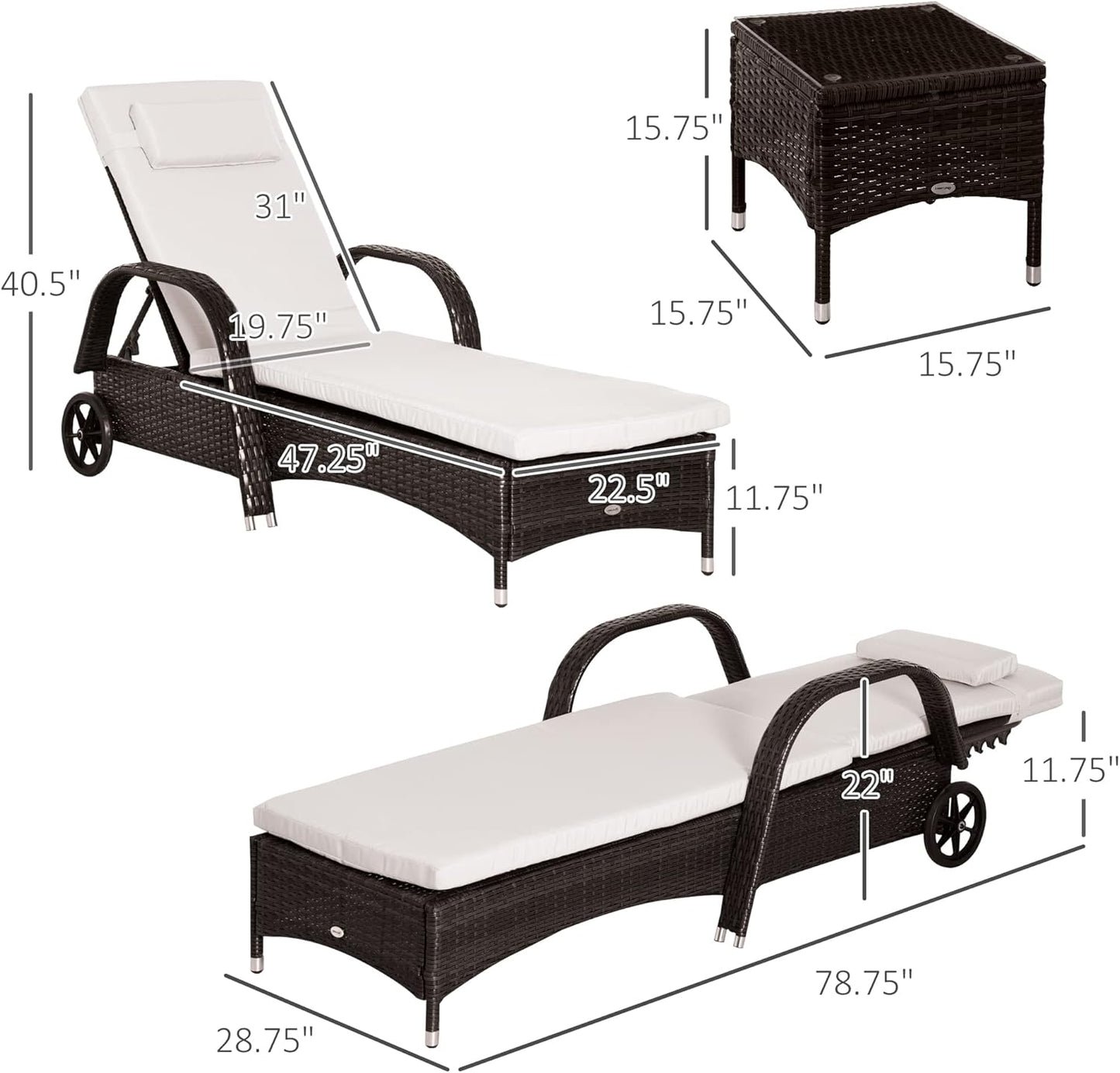 Outsunny Wicker Outdoor Chaise Lounge Chair Set of 3 with Side Table, 5-Level Adjustable Backrest PE Rattan Pool Lounge Chair with Wheels, Cushion & Headrest, Brown and Cream White