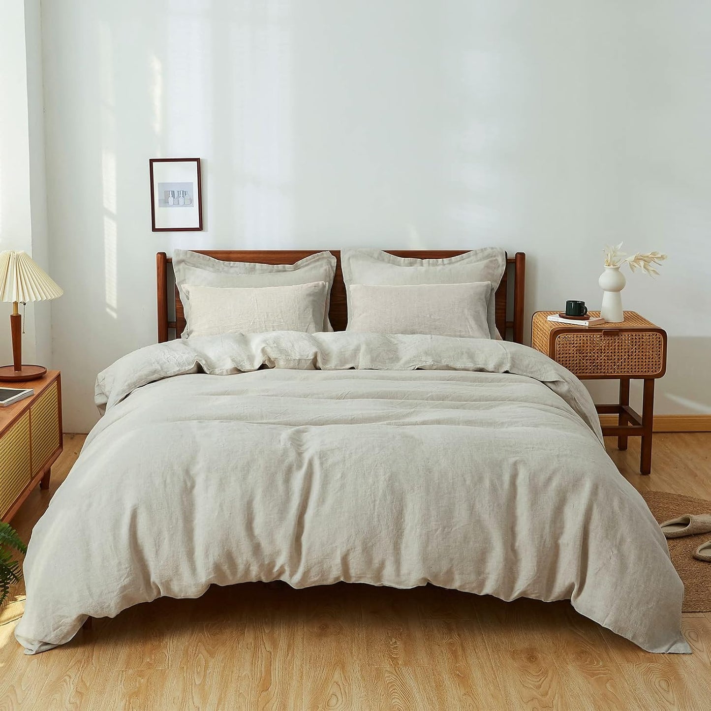 Simple&Opulence 100% Linen Duvet Cover Set 3pcs Basic Style Natural French Washed Flax Solid Color Soft Breathable Farmhouse Bedding with Button Closure - White, Queen