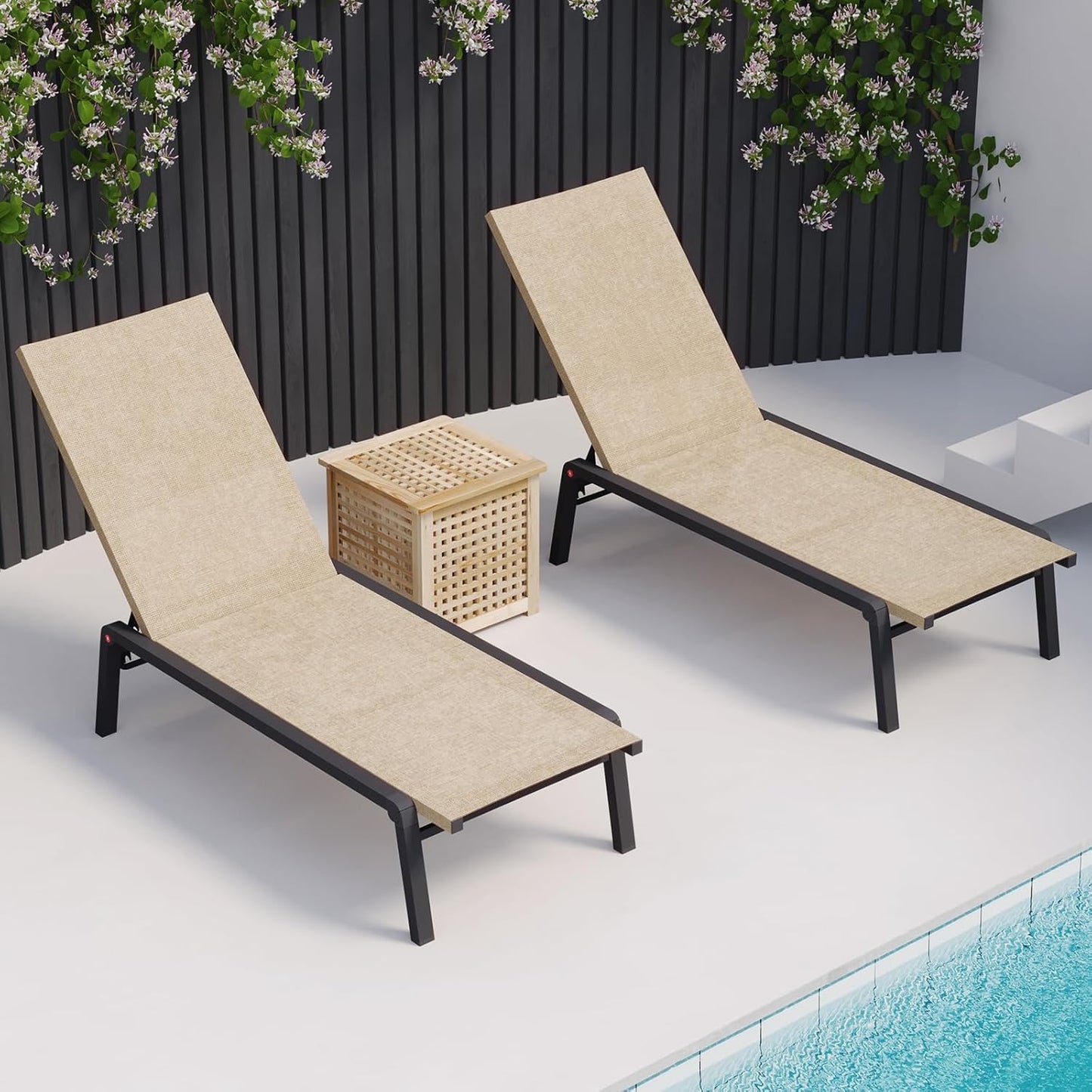 Patio Chaise Lounge Set of 2 with 4 Adjustable Backrest, Foldable Aluminum Chaise Lounge Chair Recliner for Outdoor, Poolside, Sun Tanning Flaxen