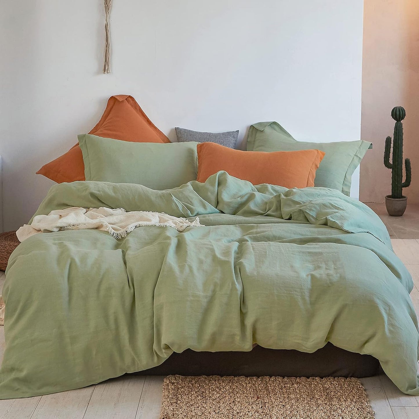 Simple&Opulence 100% Linen Duvet Cover Set 3pcs Basic Style Natural French Washed Flax Solid Color Soft Breathable Farmhouse Bedding with Button Closure - White, Queen