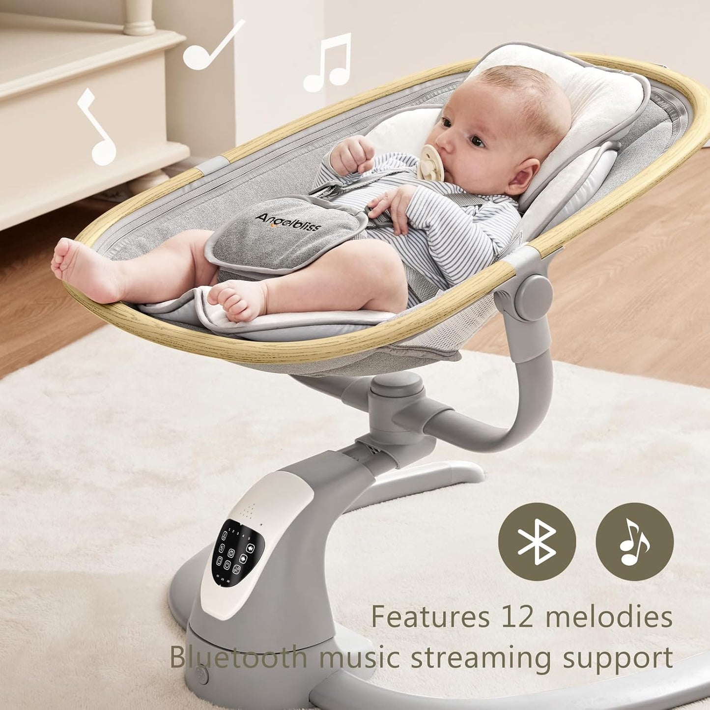 Angelbliss Baby Swing with Cry Detection, Electric Swing - Side-to-Side & 180 Rotation, for Infants & Toddlers (Grey) with 5 Speeds