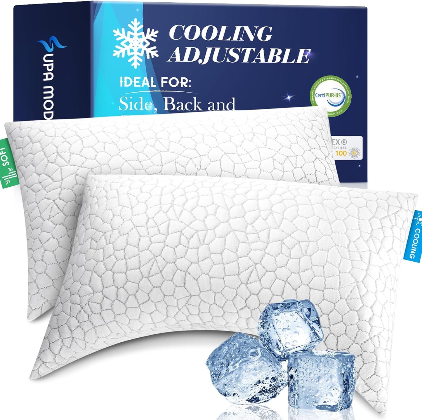 SUPA MODERN Cooling Bed Pillows for Sleeping 2 Pack Shredded Memory Foam Pillows Queen Size Set of 2, Adjustable Cool Pillow for Side Back Stomach Sleepers Luxury firm Gel Pillows for Neck Pain Relief