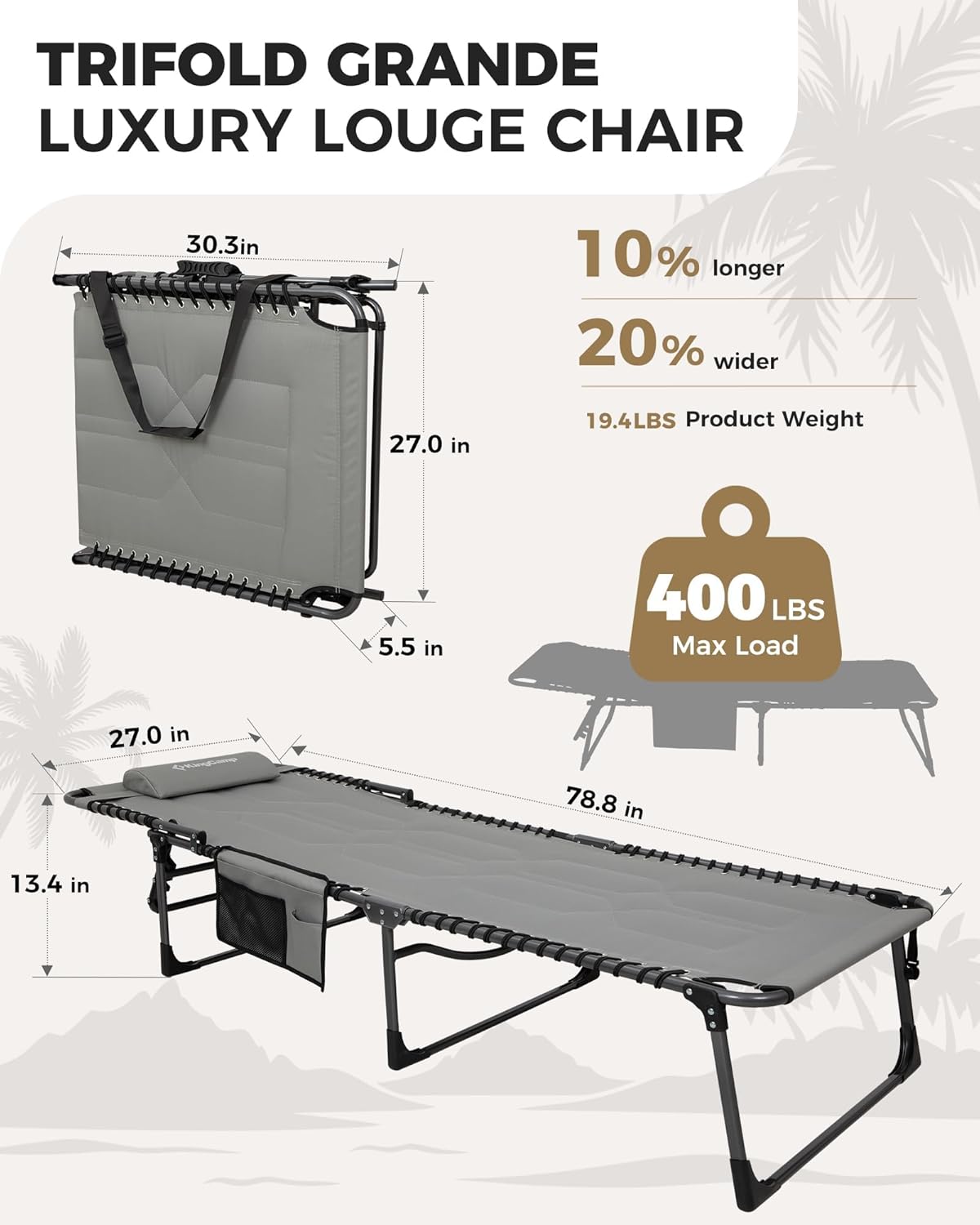 KingCamp Oversized Tanning Chair, Extra-Wide Padded Folding Chase Lounge Chairs Portable Adjustable 5-Position 400lbs Heavy Duty Lounger with Double-Layer Oxford for Outdoor Beach Patio Sun Pool