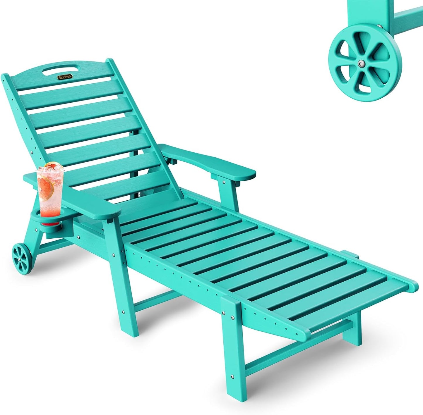 Lounge Chair Outdoor, Chaise Lounge Chair Outdoor, HDPE 6-Position Lounge Chair for Outside, Patio Lounge Chair with Wheels & Cup Holder for Pool Poolside Deck Backyard, Grey
