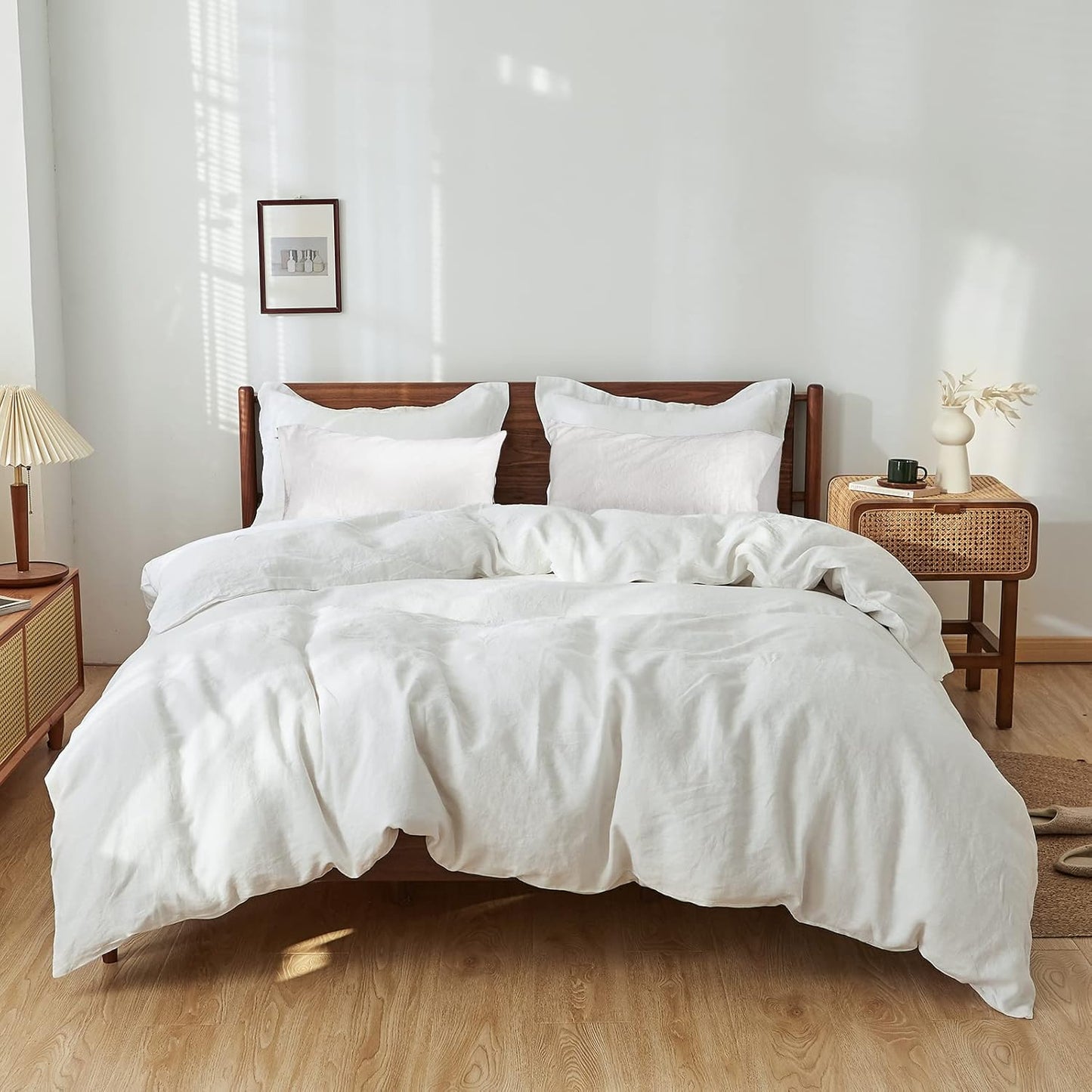 Simple&Opulence 100% Linen Duvet Cover Set 3pcs Basic Style Natural French Washed Flax Solid Color Soft Breathable Farmhouse Bedding with Button Closure - White, Queen