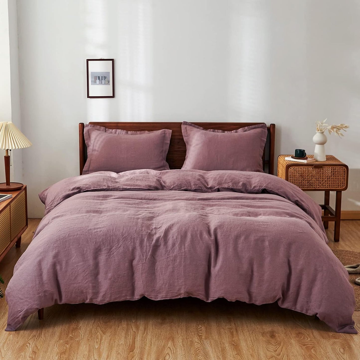 Simple&Opulence 100% Linen Duvet Cover Set 3pcs Basic Style Natural French Washed Flax Solid Color Soft Breathable Farmhouse Bedding with Button Closure - White, Queen