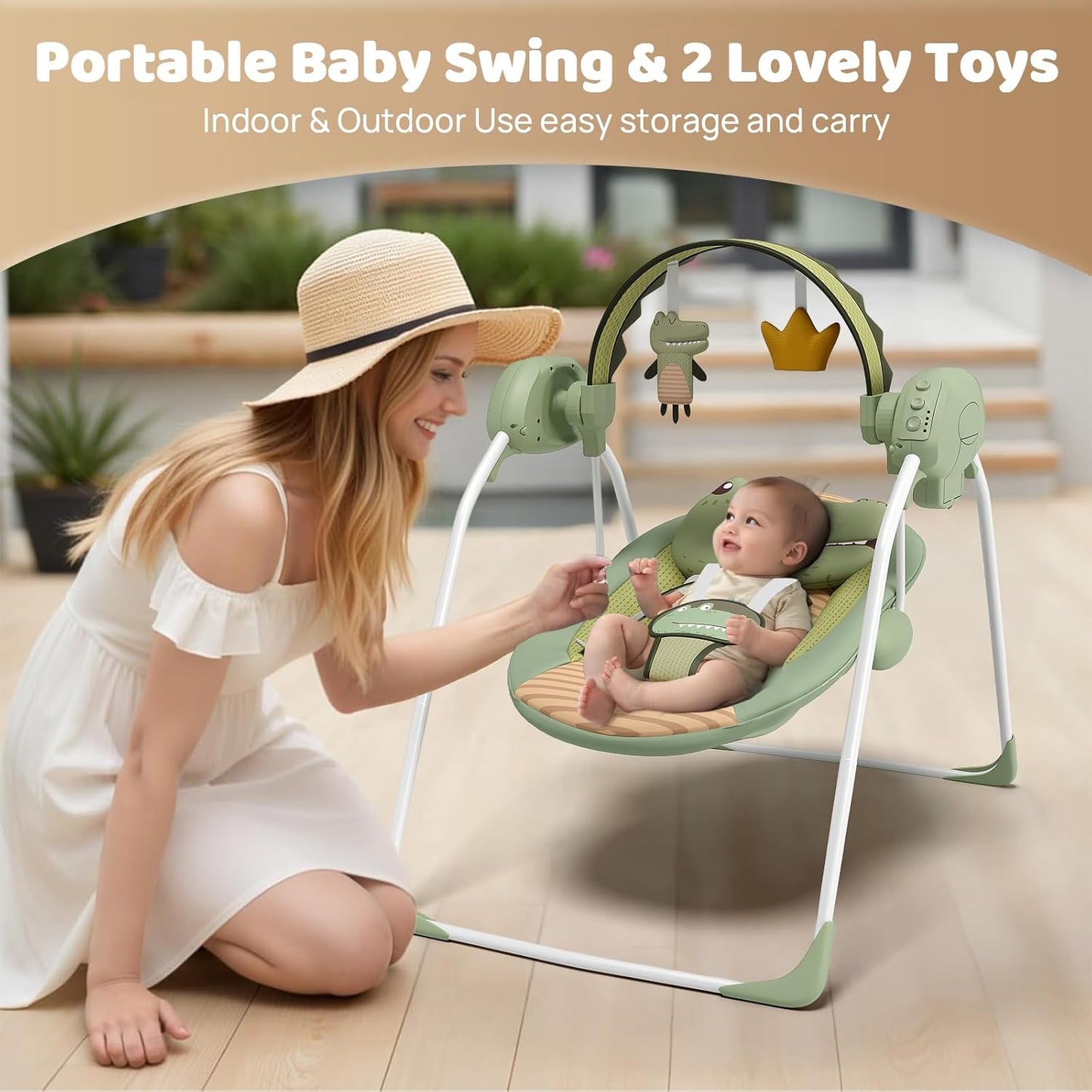 Baby Swings for Infants, Portable Baby Swing with Adaptable Speed, Music and Timer, Infant Swing for Babies 0-9 Months 6-20 lbs, Indoor/Outdoor Use