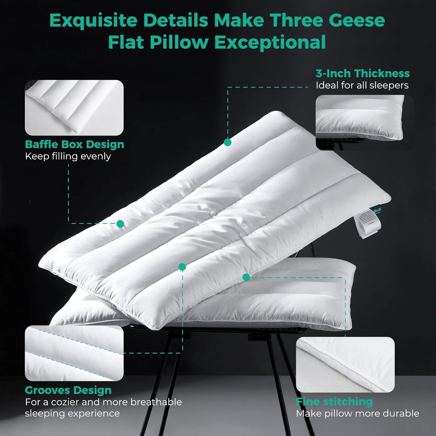 Three Geese Luxury Flat Thin Goose Feather Down Pillows Queen Size, 3 Inch Height, 100% Cotton Cover, Medium Firm, Hotel Collection Ultra Slim Thin Bed Pillows, Machine Washable, 18" x 30"