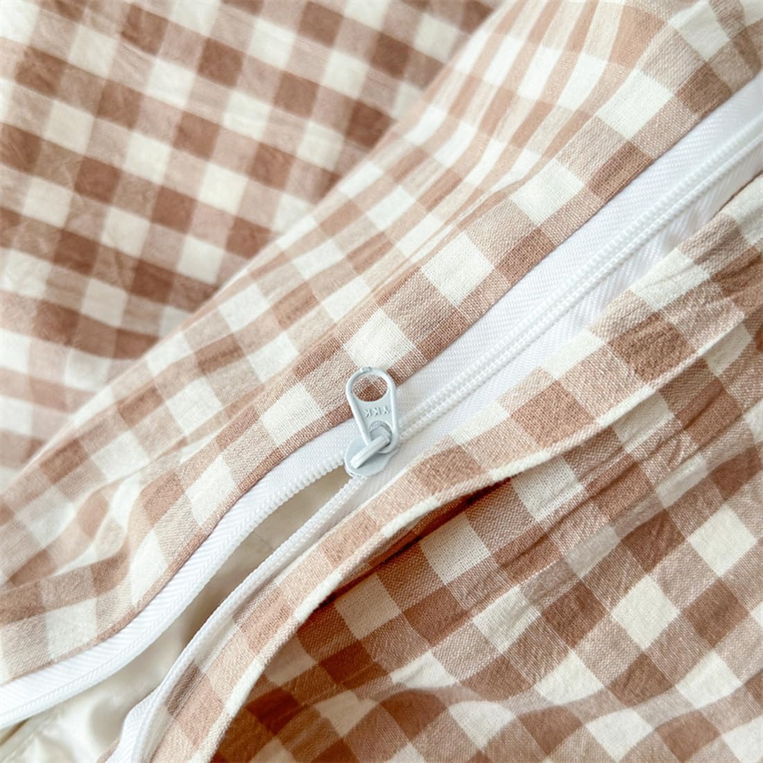 Mucalis Tan Gingham Duvet Cover King 100% Washed Cotton Beige Cream Checked Duvet Cover Set Modern Plaid 3 Piece Grid Bedding Set with Zipper Closure Corner Ties,Durable,Breathable,Easy Care