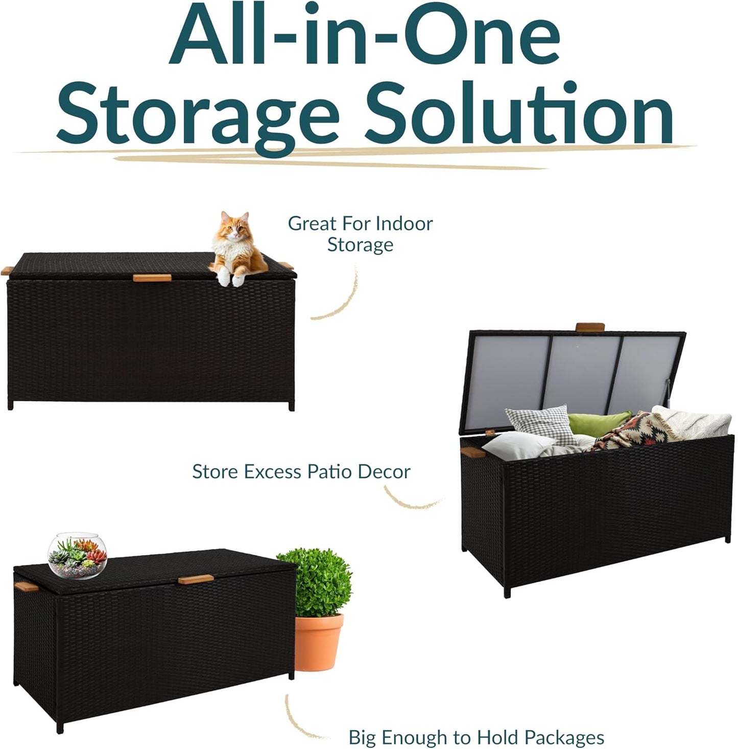 Sunnydaze Faux Wicker Storage Box - Outdoor Deck Box with Handles - 75-Gallon Front Door Package Delivery Box with Hinged Lid - Black