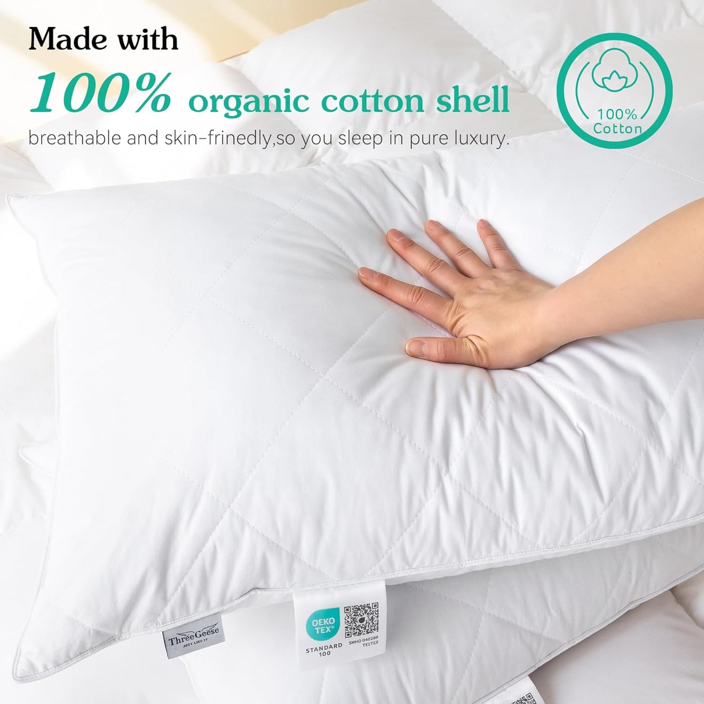 Three Geese White Goose Feather Pillows Queen/Standard Size Set of 1- Soft 600 Thread Count 100% Cotton, Medium Firm,Soft Support, White Solid
