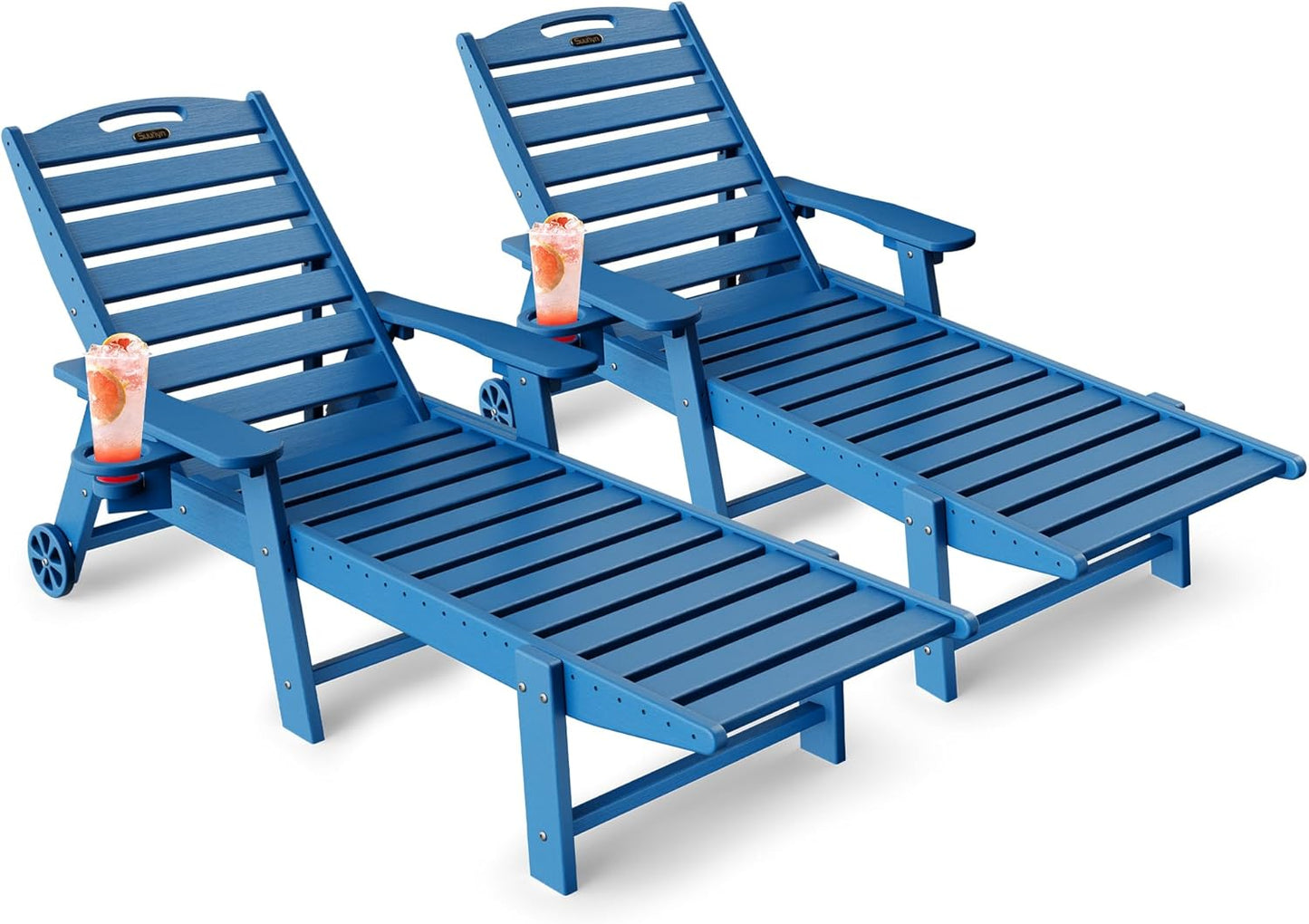 Lounge Chair Outdoor, Chaise Lounge Chair Outdoor, HDPE 6-Position Lounge Chair for Outside, Patio Lounge Chair with Wheels & Cup Holder for Pool Poolside Deck Backyard, Grey