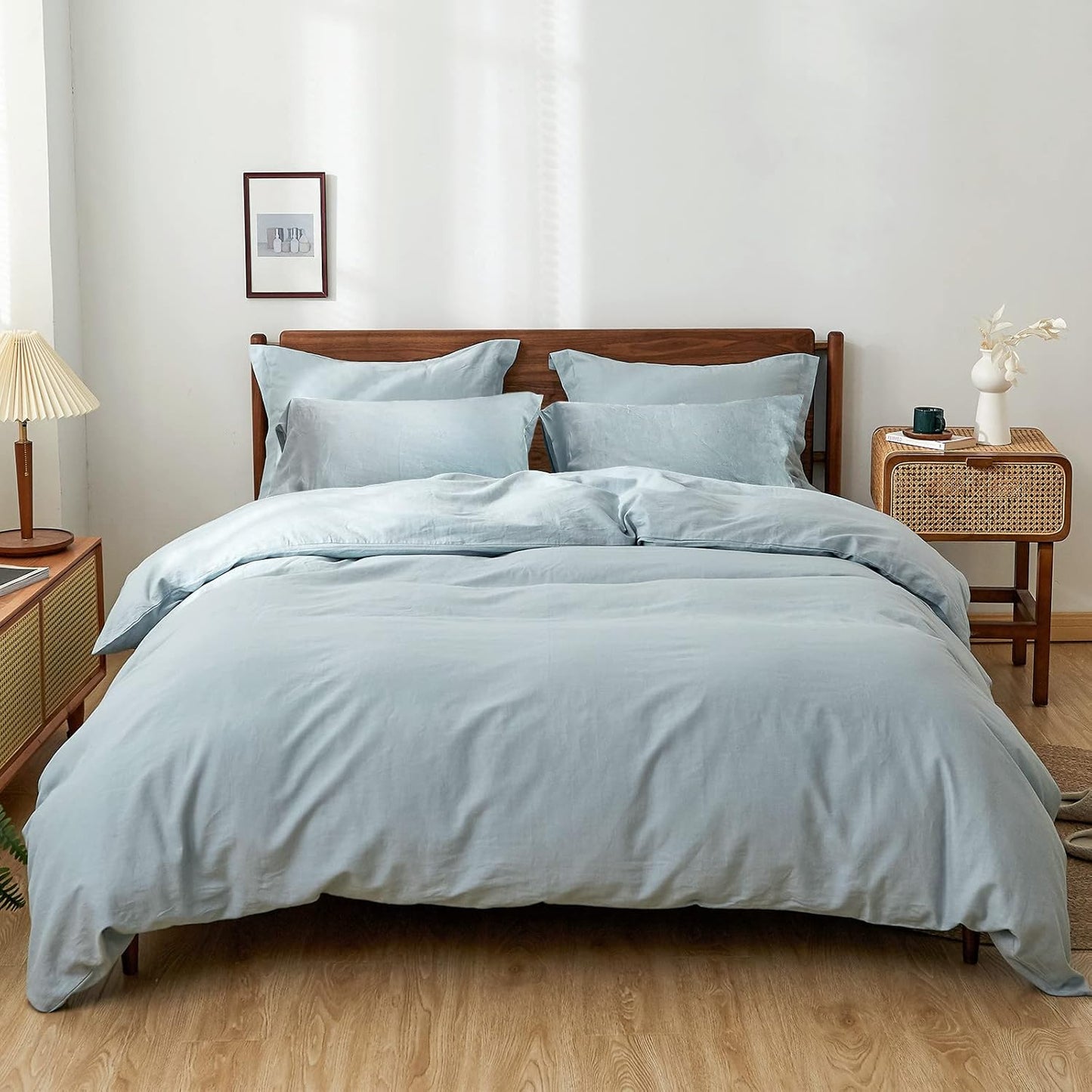 Simple&Opulence 100% Linen Duvet Cover Set 3pcs Basic Style Natural French Washed Flax Solid Color Soft Breathable Farmhouse Bedding with Button Closure - White, Queen