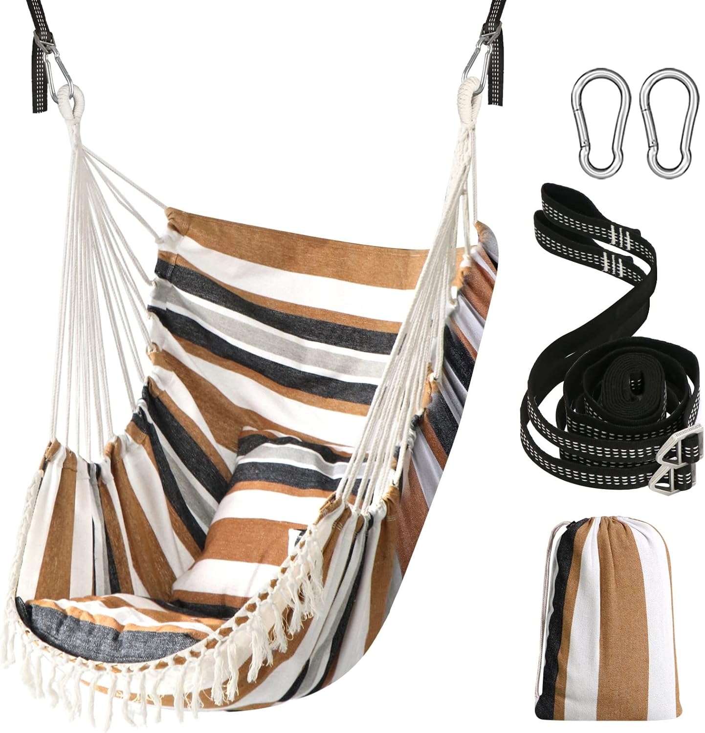 Chihee Hammock Chair Hanging Swing 2 Pillows Included,Strong Webbing Straps and Hooks for Easy Hanging Soft Cotton Hanging Chair Side Pocket Tassel Chair Comfort Indoor Outdoor Dark Grey