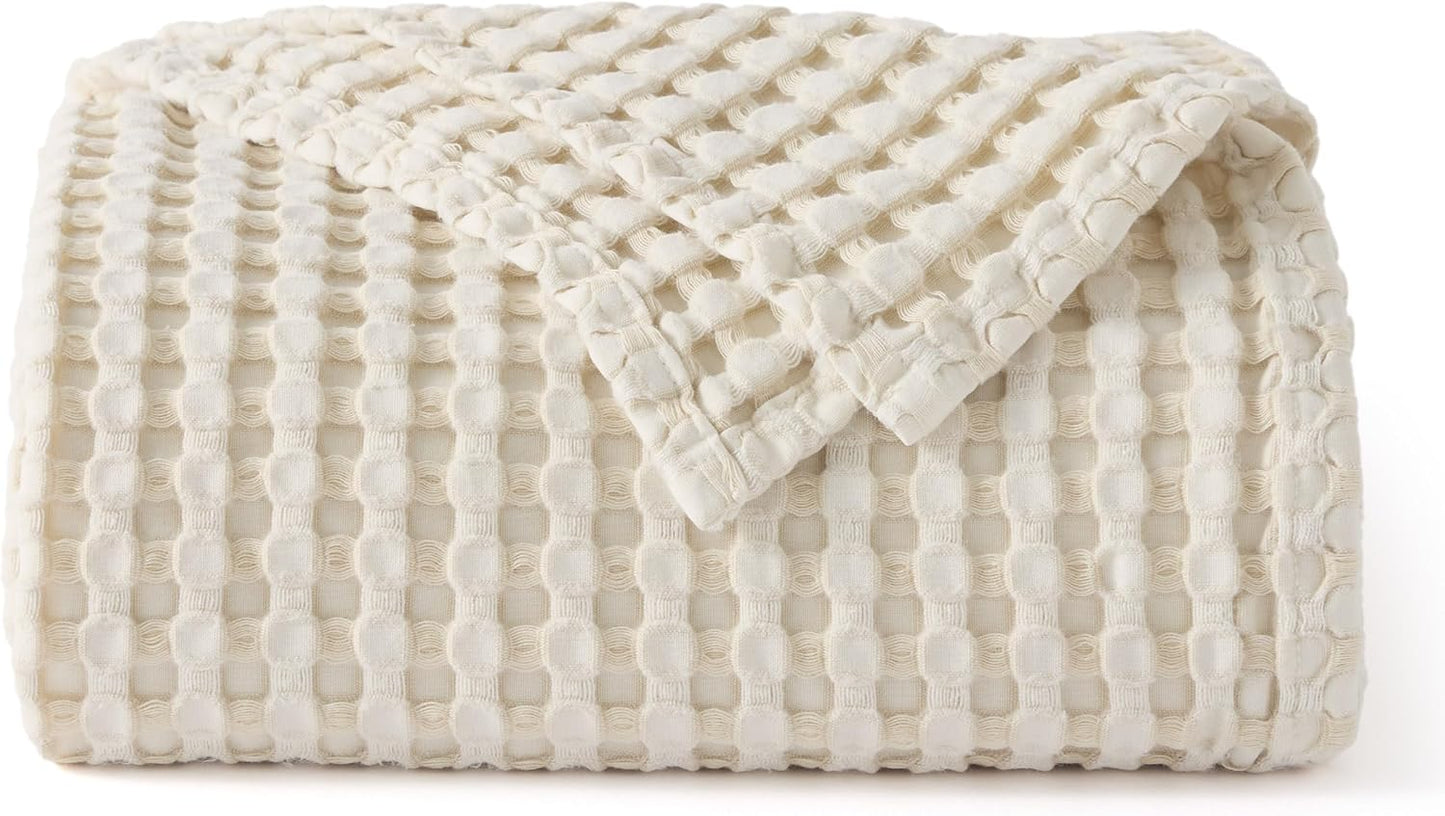 Bedsure Cooling Cotton Waffle Queen Size Blanket - Lightweight Breathable Summer Blanket of Rayon Derived from Bamboo for Hot Sleepers, Luxury Throws for Bed, Couch and Sofa, Ivory, 90x90 Inches