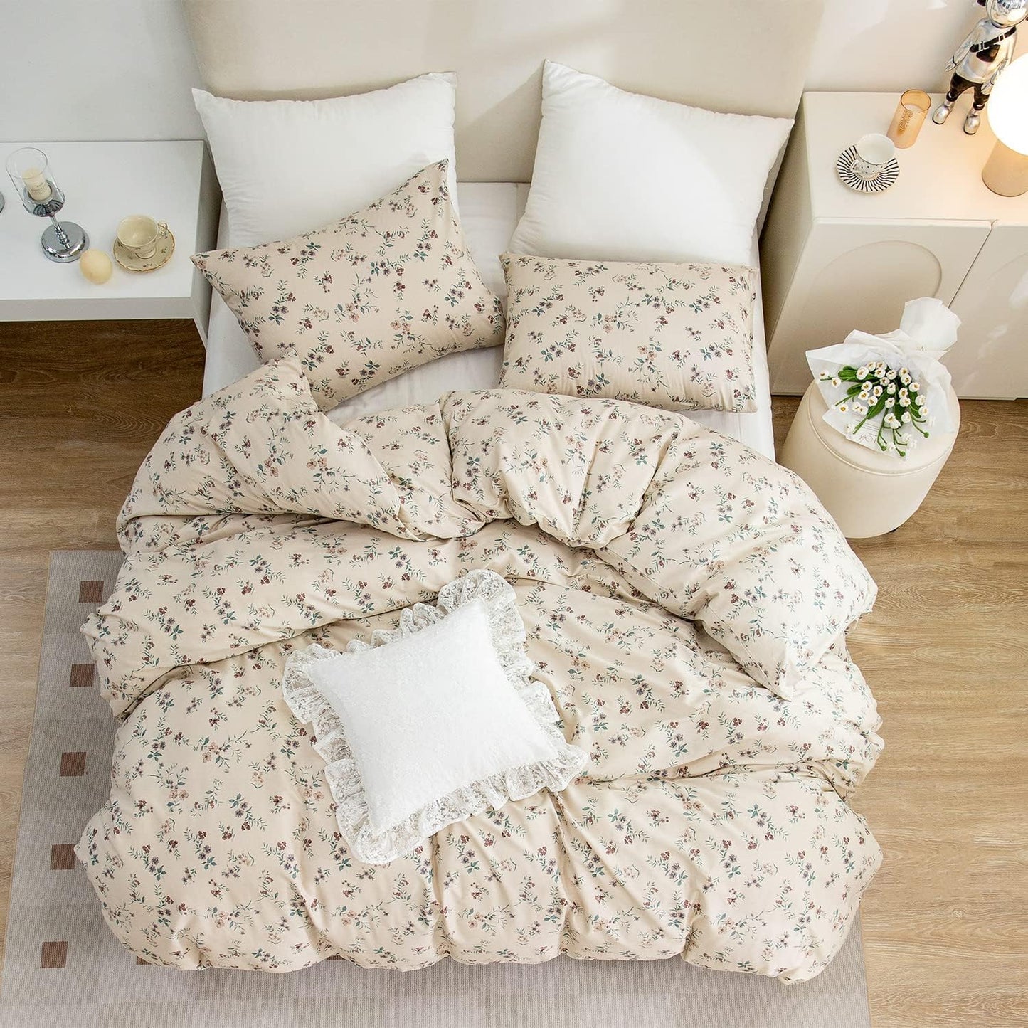 Jane yre Duvet Cover Queen Floral, Brushed Microfiber 3 Pieces Bedding Set, Garden Style Vintage Floral Queen Duvet Cover Flower, with Zipper Closure, Luxury Soft Breathable Comfy