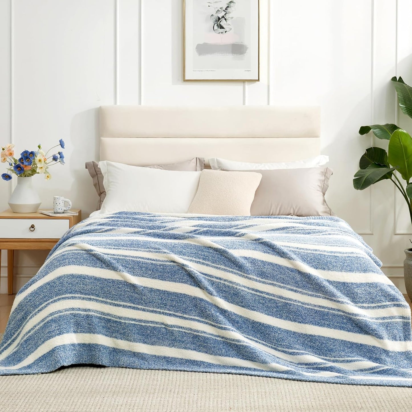 Snuggle Sac Buttery Ivory Throw Blanket for Couch, Reversible Super Soft Knitted Blankets, Warm Cozy Knit Fuzzy Plush Lightweight Throws Dupes for Sofa, Bed, Picnic, Ivory, 50 x 60 inches