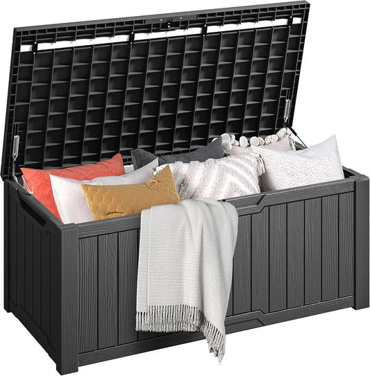 DWVO 120 Gallon Outdoor Storage Box, Large Lockable Resin Deck Box, Water Resistant Patio Storage Box for Tools, Cushions, Supplies - Black