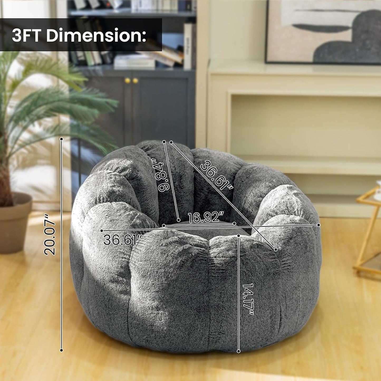 Bean Bag Chair with Filler, Faux Fur Comfy Chair with Petal Armrest Fluffy Lounge Chair for Bedroom, Living Room, Dorm, Game - Grey, Large, Low Support