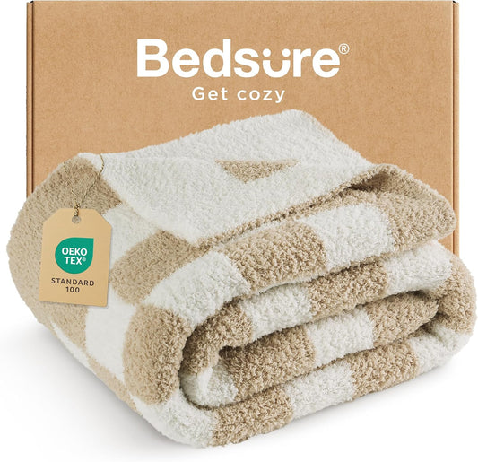 Bedsure Checkered Throw Blanket for Couch - Super Soft, Cozy & Warm Knit Blanket, Breathable, Lightweight & Fluffy for Bed & Sofa, Checkered Beige, 50x60 Inches