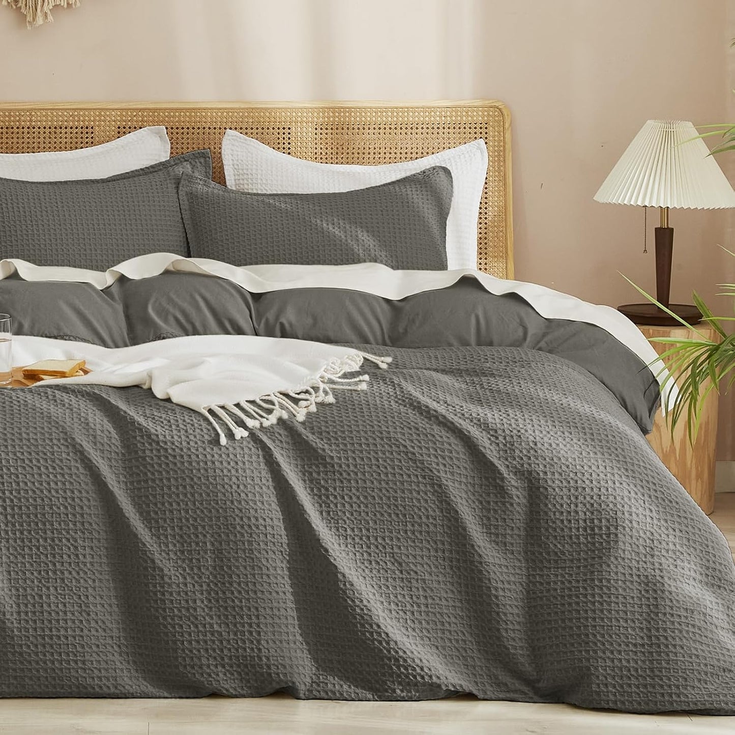 PHF Waffle Weave Duvet Cover Set Queen Size, No Snagging Ultra Soft Luxury Textured Breathable Comforter Cover for All Season 3pcs, Durable Bedding Duvet Set with 2 Pillow Shams, 90"x90", Linen