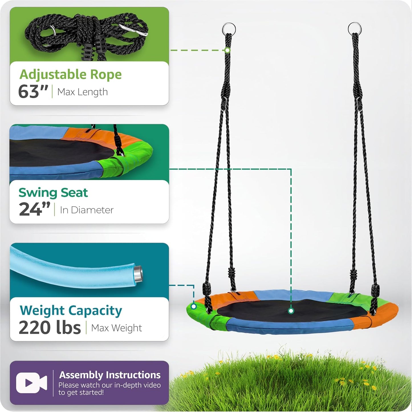 Sorbus 24" Saucer Tree Swing for Kids- 220lbs Outdoor Swing Fun- Tree Glider Therapy Swing-Durable Multi-Strand Adjustable Ropes Swing Seat- Trampoline Net Swing for Indoor/Outdoor, Accessory Included
