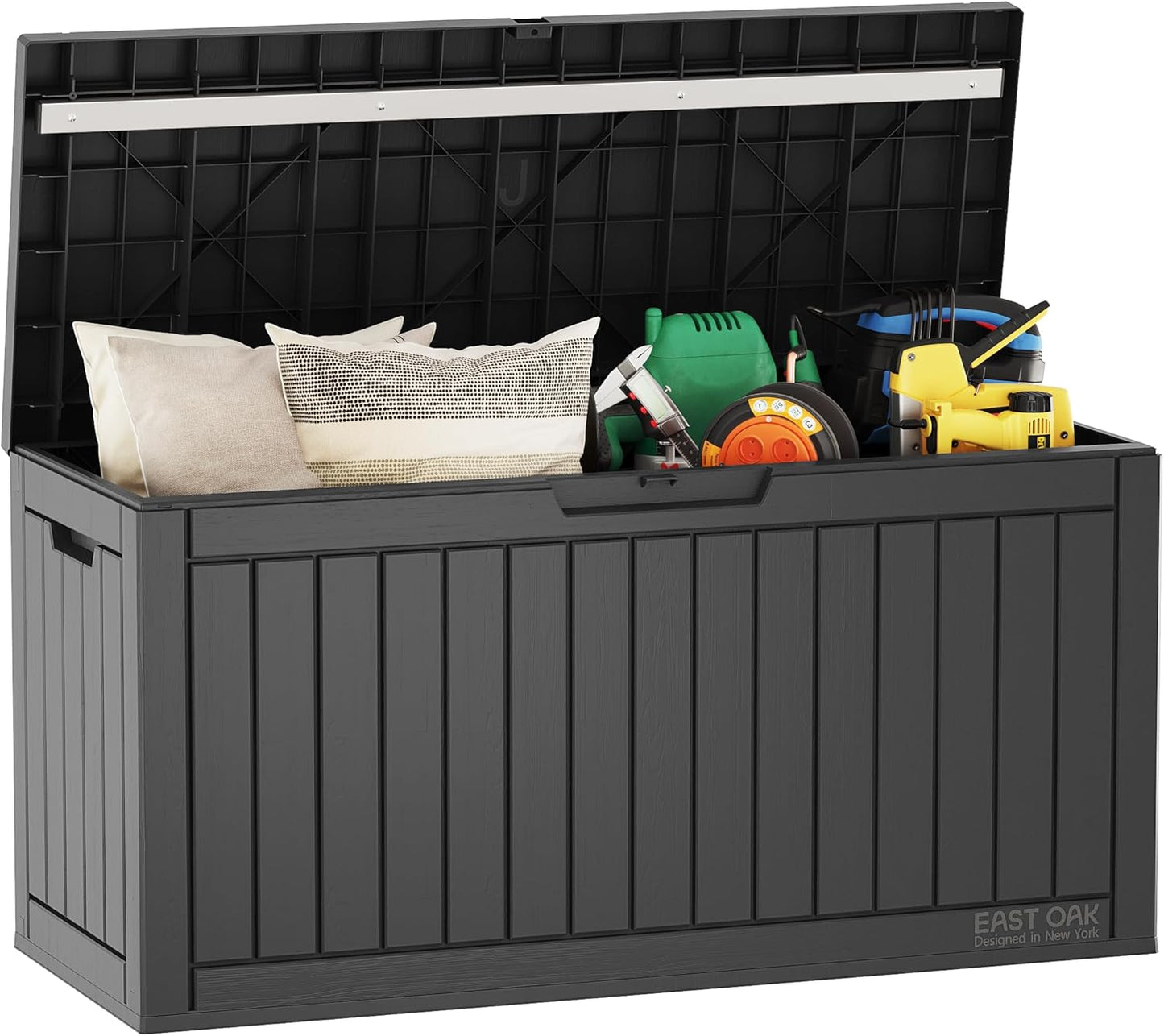 EAST OAK Outdoor Storage Box | 31 Gallon Deck Box Indoor and Outdoor Use | Waterproof Resin Storage Bin with Latch for Patio Cushions, Gardening Tools | UV Resistant | Deep Grey