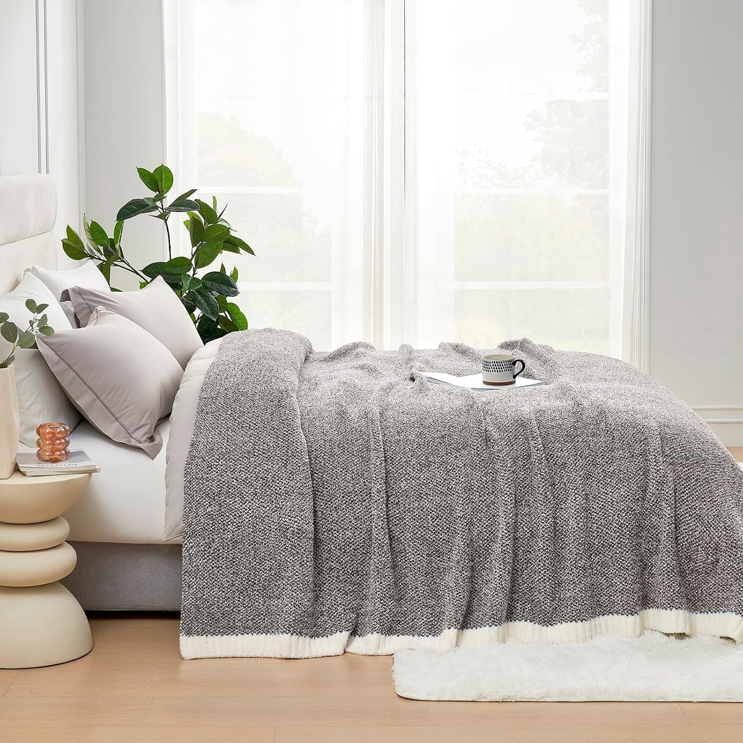 Snuggle Sac Buttery Ivory Throw Blanket for Couch, Reversible Super Soft Knitted Blankets, Warm Cozy Knit Fuzzy Plush Lightweight Throws Dupes for Sofa, Bed, Picnic, Ivory, 50 x 60 inches