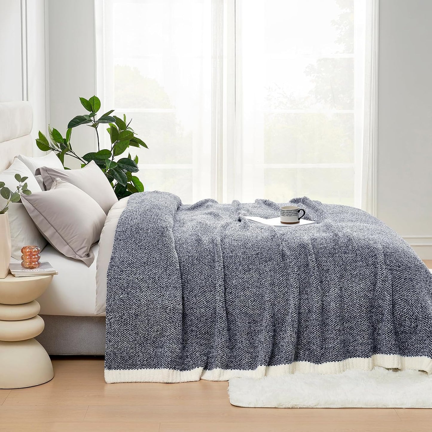 Snuggle Sac Buttery Ivory Throw Blanket for Couch, Reversible Super Soft Knitted Blankets, Warm Cozy Knit Fuzzy Plush Lightweight Throws Dupes for Sofa, Bed, Picnic, Ivory, 50 x 60 inches