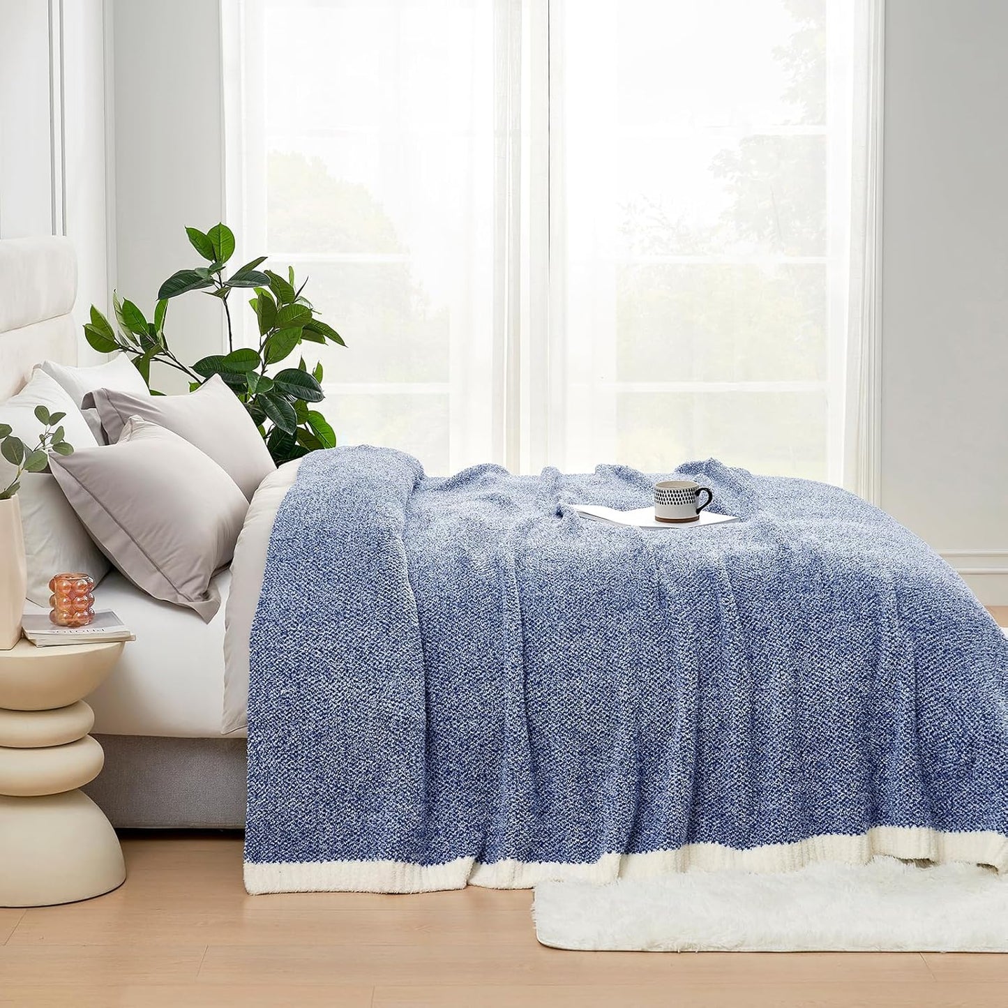 Snuggle Sac Buttery Ivory Throw Blanket for Couch, Reversible Super Soft Knitted Blankets, Warm Cozy Knit Fuzzy Plush Lightweight Throws Dupes for Sofa, Bed, Picnic, Ivory, 50 x 60 inches