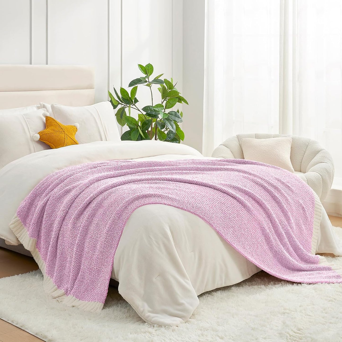 Snuggle Sac Buttery Ivory Throw Blanket for Couch, Reversible Super Soft Knitted Blankets, Warm Cozy Knit Fuzzy Plush Lightweight Throws Dupes for Sofa, Bed, Picnic, Ivory, 50 x 60 inches