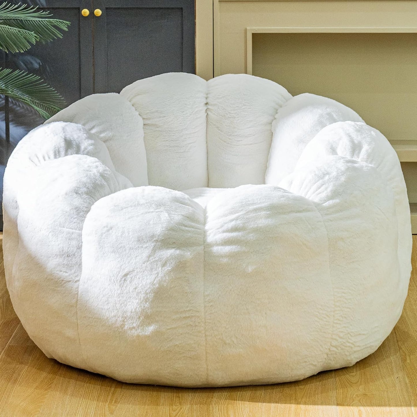 Bean Bag Chair with Filler, Faux Fur Comfy Chair with Petal Armrest Fluffy Lounge Chair for Bedroom, Living Room, Dorm, Game - Grey, Large, Low Support