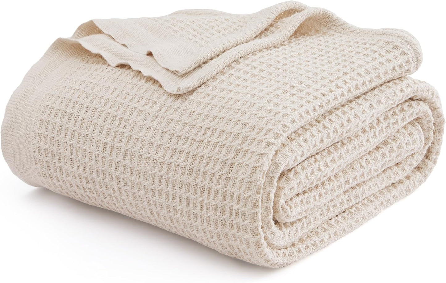 Bedsure 100% Cotton Blanket Queen Size for Bed - Breathable and Soft, Waffle Weave Blanket for Summer Spring, White, 90x90 Inches