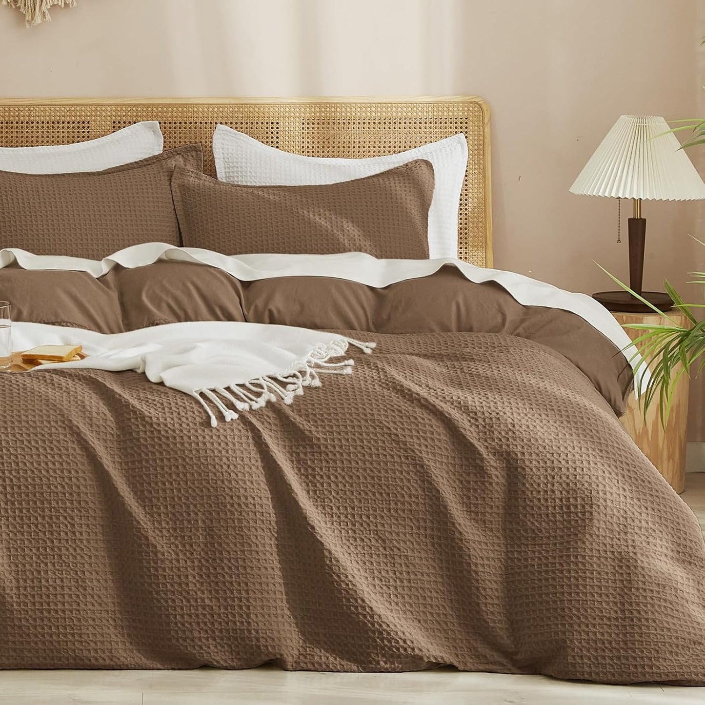 PHF Waffle Weave Duvet Cover Set Queen Size, No Snagging Ultra Soft Luxury Textured Breathable Comforter Cover for All Season 3pcs, Durable Bedding Duvet Set with 2 Pillow Shams, 90"x90", Linen