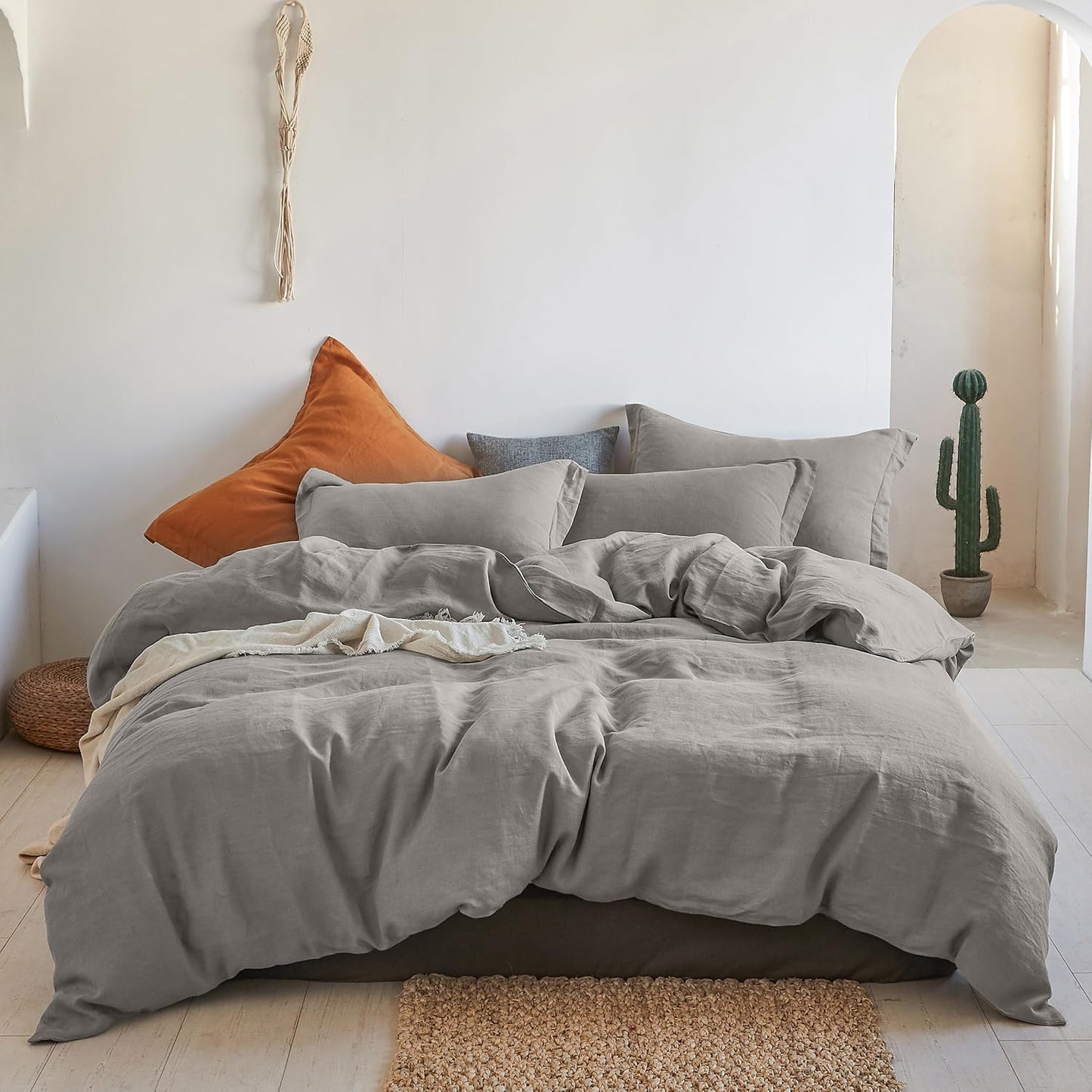Simple&Opulence 100% Linen Duvet Cover Set 3pcs Basic Style Natural French Washed Flax Solid Color Soft Breathable Farmhouse Bedding with Button Closure - White, Queen