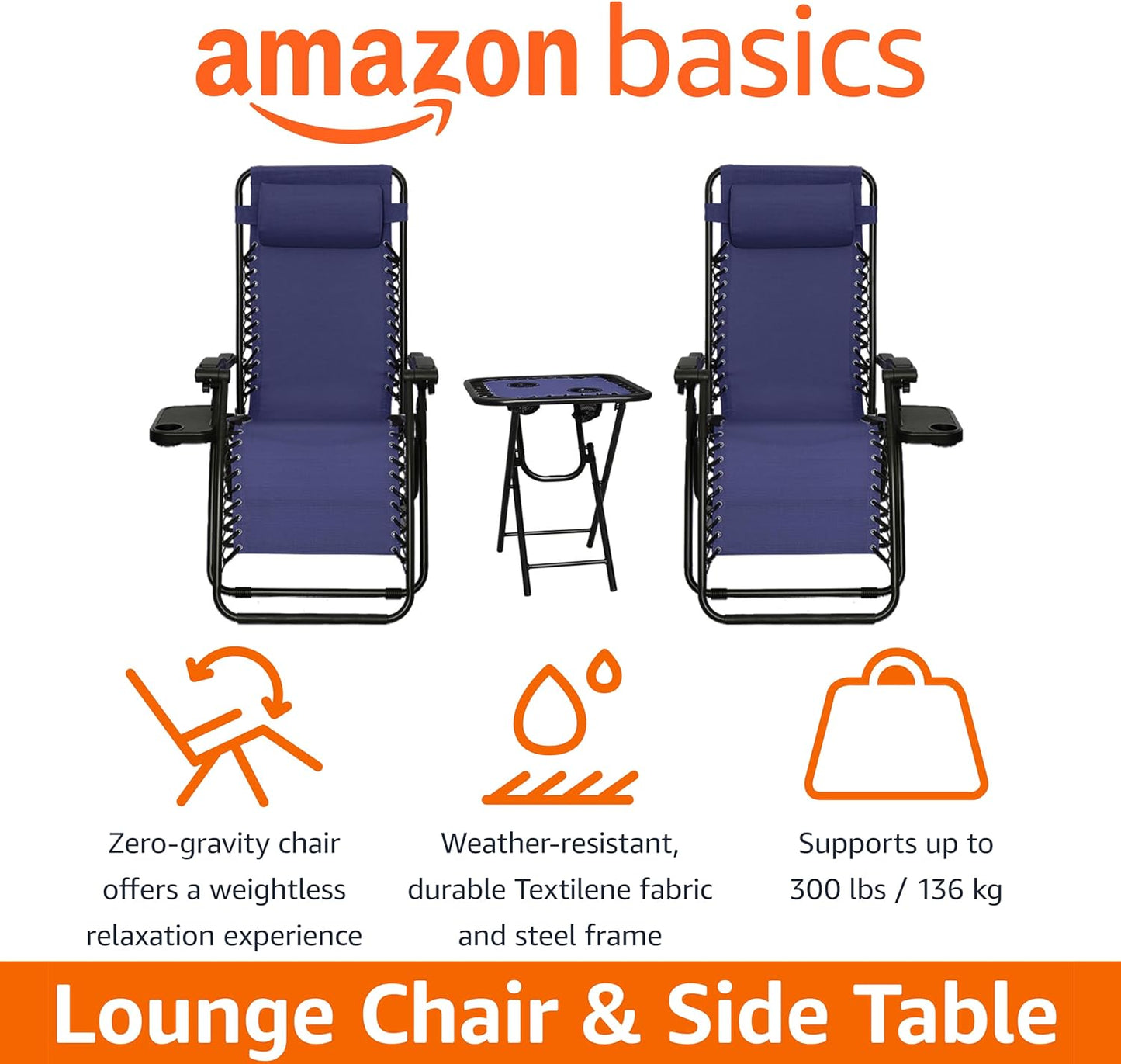 Amazon Basics Outdoor Textilene Adjustable Zero Gravity Folding Reclining Lounge Chair Set with Side Table, pack of 2, Blue
