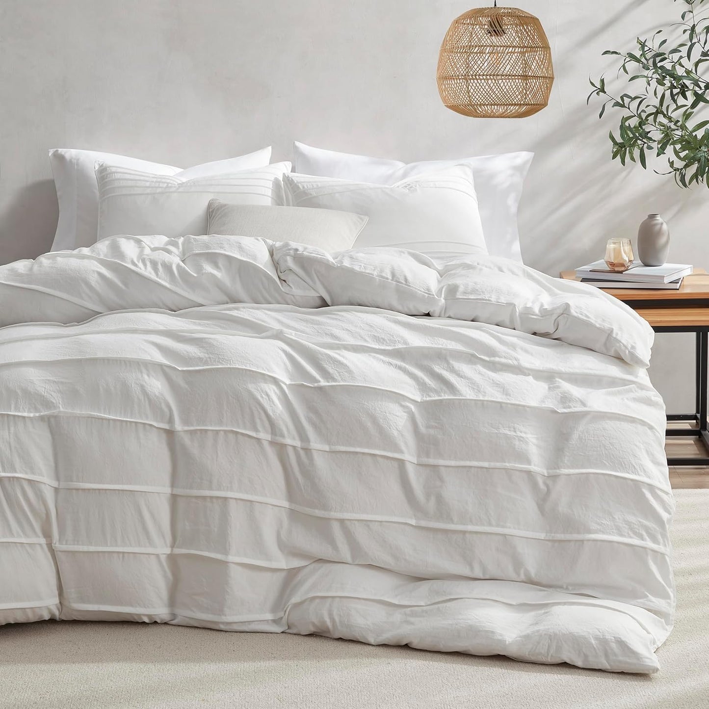 Oli Anderson Beige Duvet Cover King Size - Pleated King Duvet Cover, 3PCS Soft and Breathable Textured Bedding Set with Zipper Closure(Beige,104"x90")
