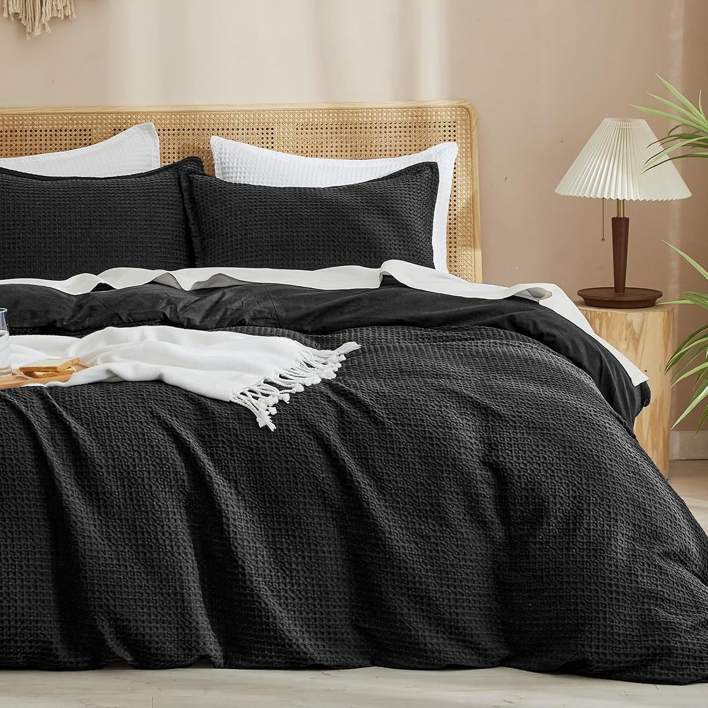 PHF Waffle Weave Duvet Cover Set Queen Size, No Snagging Ultra Soft Luxury Textured Breathable Comforter Cover for All Season 3pcs, Durable Bedding Duvet Set with 2 Pillow Shams, 90"x90", Linen