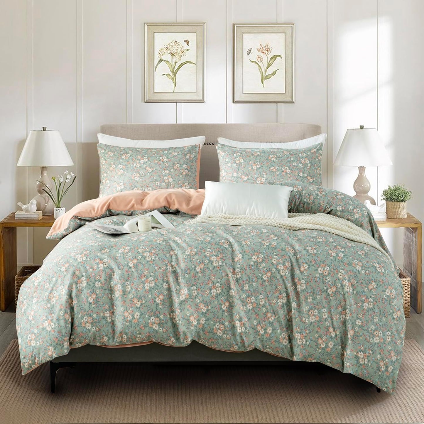 Jane yre Duvet Cover Queen Floral, Brushed Microfiber 3 Pieces Bedding Set, Garden Style Vintage Floral Queen Duvet Cover Flower, with Zipper Closure, Luxury Soft Breathable Comfy
