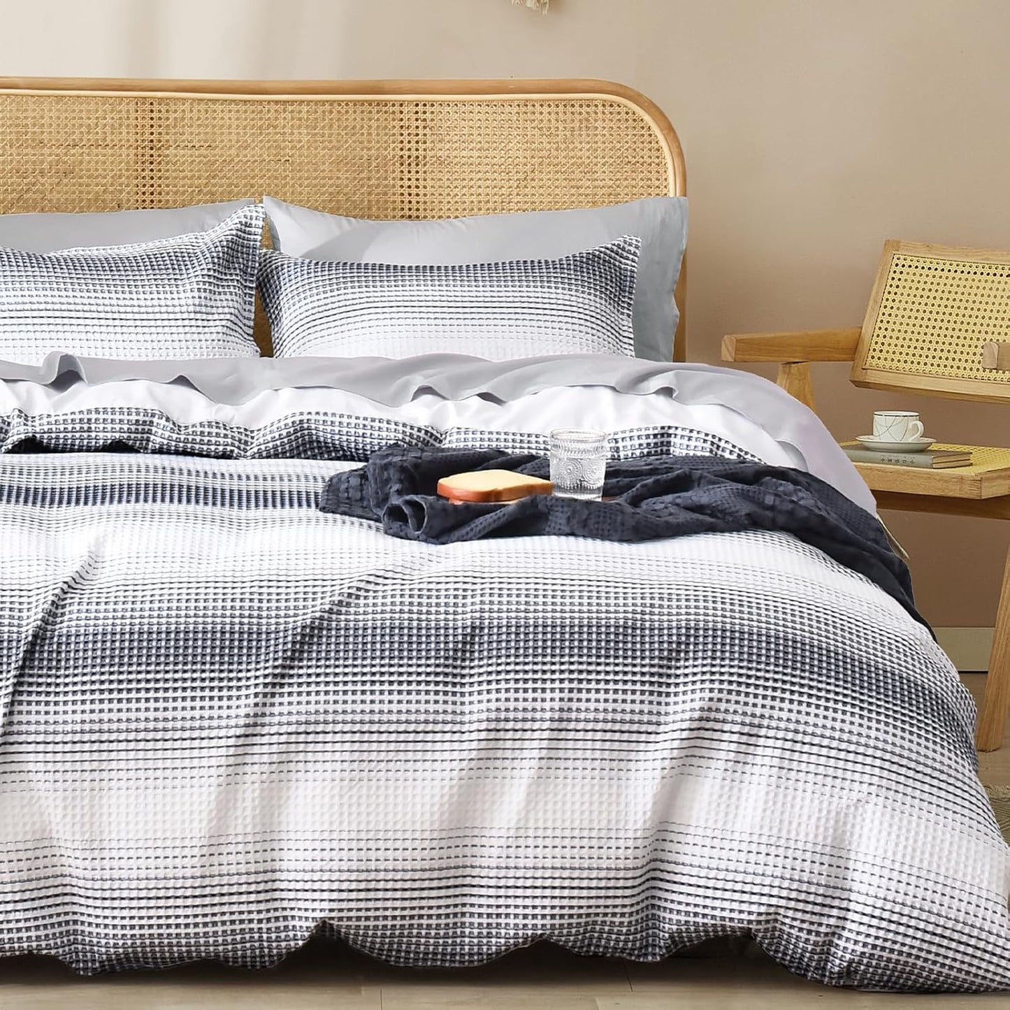PHF Waffle Weave Duvet Cover Set Queen Size, No Snagging Ultra Soft Luxury Textured Breathable Comforter Cover for All Season 3pcs, Durable Bedding Duvet Set with 2 Pillow Shams, 90"x90", Linen